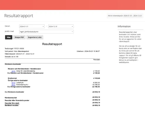 Uppföljning och rapporter i bokföringsprogrammet SpeedLedger ser ut så här