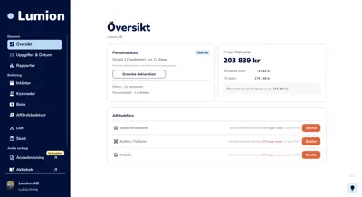 Uppföljning och rapporter i bokföringsprogrammet Lumion ser ut så här