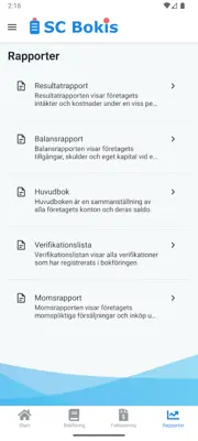 Uppföljning och rapporter i bokföringsprogrammet SC Bokis ser ut så här